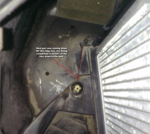 Inside of heater box showing problem with new Dorman blend door